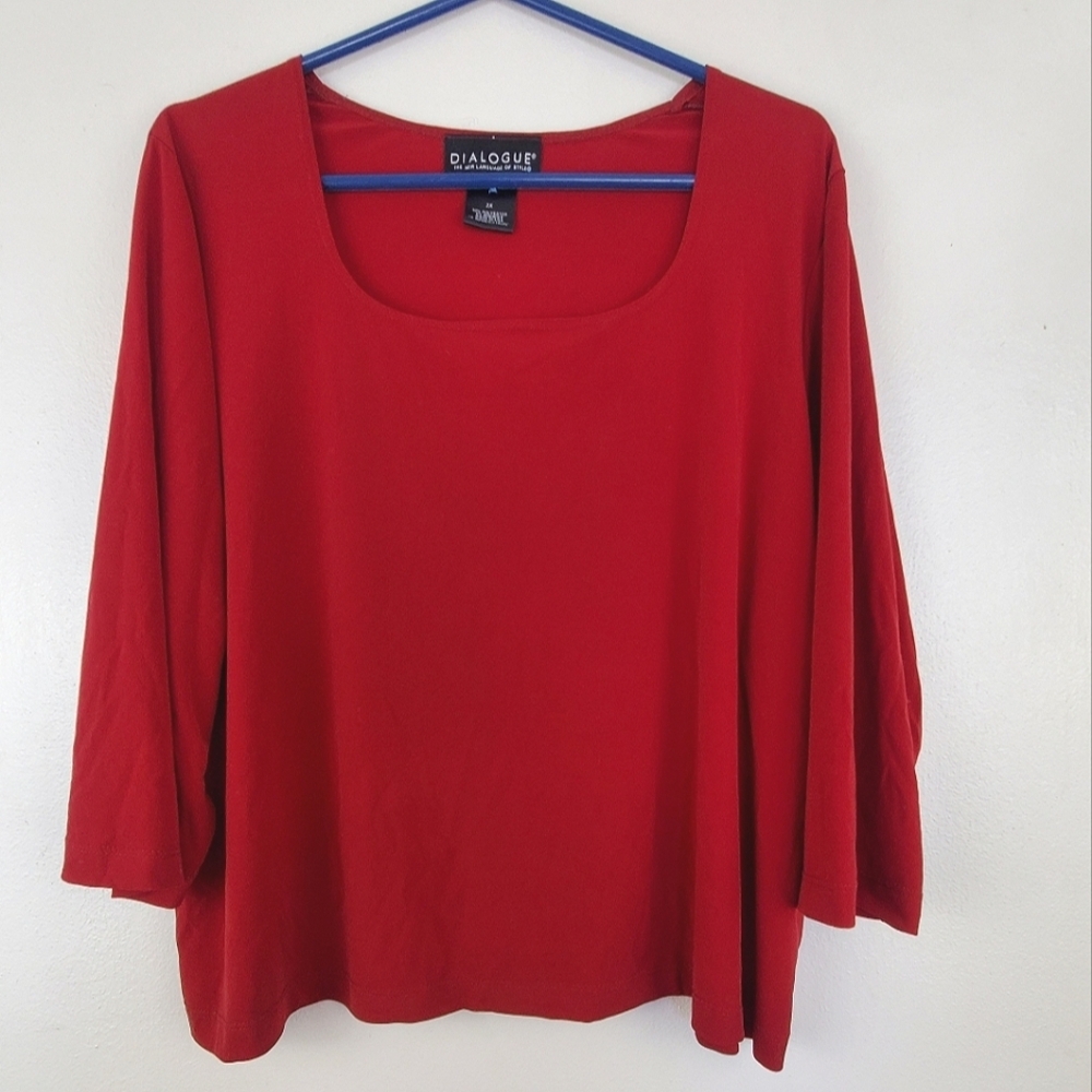 Dialogue Red Square Neck Top 3/4 Sleeves Polyester Spandex Blend Size 2X